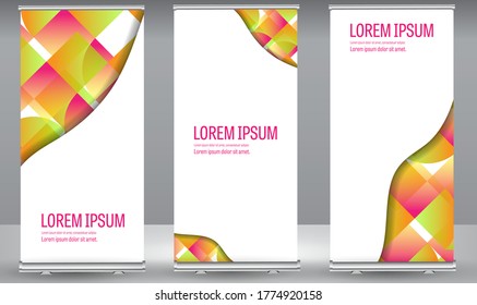 Roll up banner colors gradient line wave standee business brochure template design. Vertical Abstract colorful geometric texture background Can be adapt to Brochure, Report, Magazine, Poster.