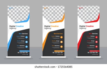 Roll up banner. Creative Corporate Rollup banner design template vector X-banner and Street Business Flag creative concept or Modern Business Roll-up Banner, stand Print Banner Template Design.