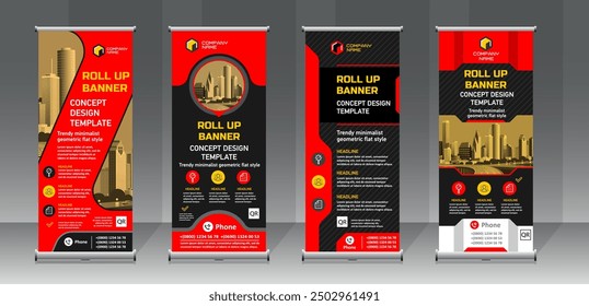 Roll up banner creative design. Multipurpose template in abstract flat geometric style. Trendy shape and colors design.