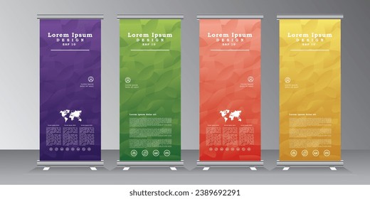 diseño de pancartas de enrollar fondo abstracto púrpura, verde, rojo, amarillo, plancha de banner de enrollar con fondo abstracto, colores listos para imprimir, eps vectoriales 10
