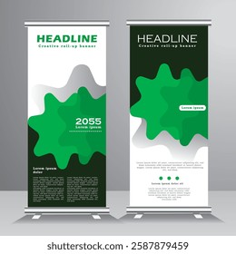 Roll up banner design with abstract background, vertical template design, roll up banner design, vertical banner template with green colour, vector eps 10