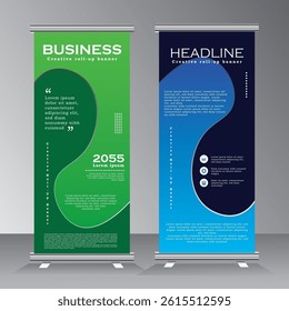 Roll up banner design with abstract background, vertical template design, roll up banner design, vertical banner template, green and blue colour banner template - vector eps 10