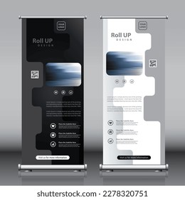 Roll up banner design with abstract patterns and image. Editable vertical banner template vectors, modern standee and flag banner