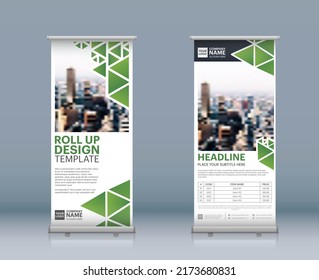Roll Up Banner Design Resumen Formas Eco Color Verde y Blanco Tema de la exposición Moderna Publicidad Tendencia Empresarial Arriba Plantilla de banner Material creativo vectorilustración capas aisladas EPS10