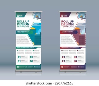 Roll Up Banner Design Abstract Shapes Green And White Color Eco Theme Modern Exhibition Advertising Trend Business Pull Up Banner template creative Stock vectorillustration isolated layers EPS10