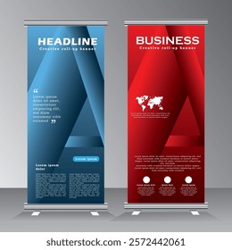 Roll up banner design, abstract roll up banner template, red and blue color vertical banner, pull up banner, vector eps 10