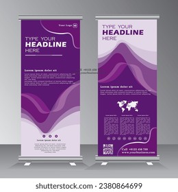 roll up banner design with abstract waves background, vertical template, x banner with purple and white color, vector eps 10