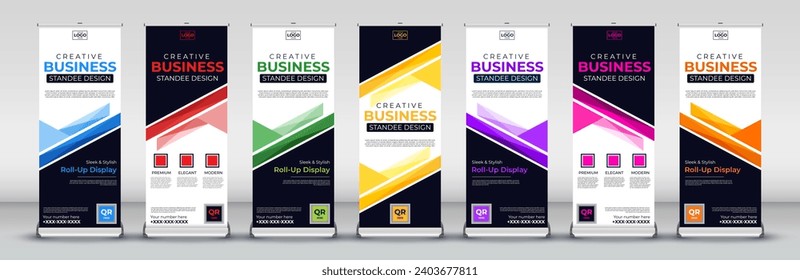 roll up banner design for annual meetings, events, presentations in red, blue, green, orange. purple. yellow, pink colors
