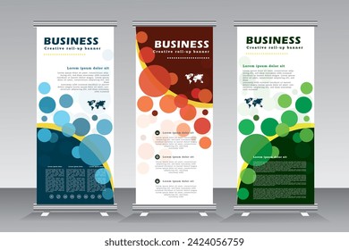 Roll up banner design, Ball Background, vertical template design, Pull up, x banner, business, flyer, infographics. publicidad moderna de x-banner y banner de bandera, conjunto de banners de enrollado,