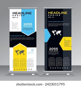 Roll up banner design, blue and yellow roll up banner stylish geometric graphics templates. Design concept presentation or advertising banner	