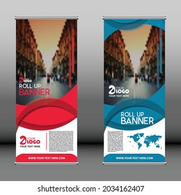 Aufrollen des Bannerdesigns, des Broschürenflyer-Banners, vertikale Vorlage Vektorgrafik