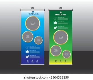 Roll up banner Design, roll up brochure flyer banner design vertical template vector, abstract geometric background, modern Roll up banner template, round space, 3 space roll up banner