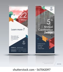 Roll up banner design brochure flyer vertical template, vector x-banner and street business flag-banner, layout. Dark blue, red, orange and green polygons on a white background