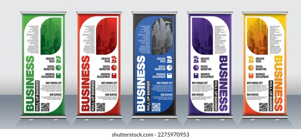 Roll up banner design for business events with red, blue, green. orange print ready colors