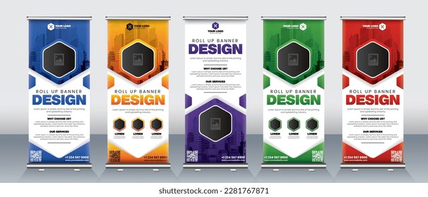 roll up banner design for business events, presentations, meeting events, billboards, x banners, x stands for red, orange, purple, green, blue colors 