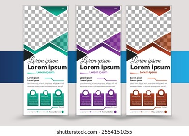 Roll up banner design for business events, presentations and for marketing in print ready , green, purple colors