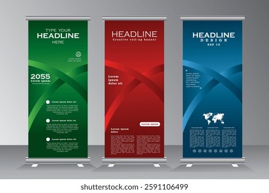 Roll up banner design for business events, annual meetings, presentations, marketing, promotions, blue, green, and red print ready colors