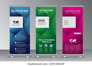 Roll up banner design for business events, annual meetings, presentations, marketing, promotions, blue, green, and pink print ready colors