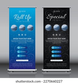 Roll up banner design collection with Blue and Black color artwork and 3 images. Editable vertical template vector set, modern standee and flag banner
