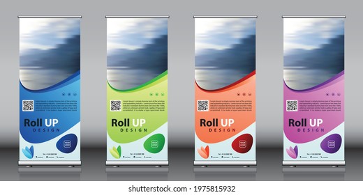 Roll up banner design collection with  red green blue purple colorful artwork and image. Editable vertical template vector set, modern standee and flag banner