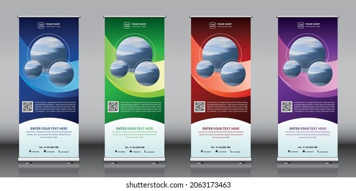 Roll up banner design collection with red green blue purple colorful artwork and 3 images. Editable vertical template vector set, modern standee and flag banner