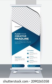 Rolling Up Banner Design, Creative Blue Business Rolup Stand Template con un sencillo y creativo banner de fondo, Diseño de Banner Rolling Up