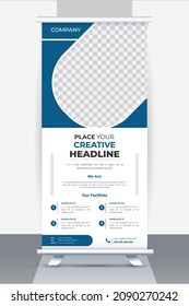 Roll Up Banner Design, Creative Blue Business Roll Up Stand Template with simple and creative banner mock up, Clean Roll Up Banner Layout Design