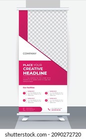 Roll Up Banner Design, Creative pink Business Roll Up Stand Template with simple and creative banner mock up, Clean Roll Up Banner Layout Design