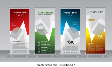 Enrolle la Plantilla de exhibición del diseño del Anuncio, diseño del Anuncio del vertículo con los colores rojo, verde, azul y amarillo, enrolle el Anuncio para el negocio, conferencia, acontecimiento, recepción, partido, fourm, campus, universidad