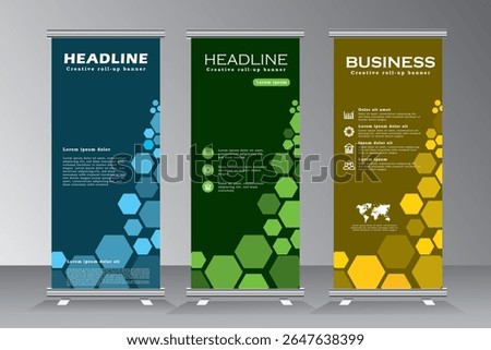 Roll up banner design display template, verticl banner design with green, orange and blue, Roll up banner for business, conferance, event, welcome, party, fourm, campus, university