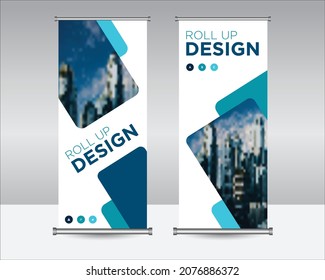 Roll up banner design Editable vertical template vector, geometric abstract background, modern x-banner and flag-banner
