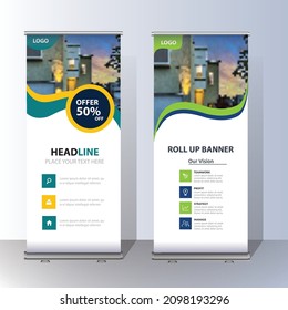 Roll up banner design Editable vertical template vector, geometric abstract background, modern x-banner vector illustration