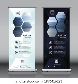 Roll up banner design with hexagon shapes artwork hexagon patterns and image. Editable vertical template vector set, modern standee and flag banner