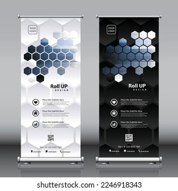 Roll up banner design with hexagon shapes artwork hexagon patterns and image. Editable black and white color vertical template vector set, modern standee and flag banner