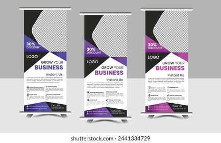  Roll up banner design with hexagon shapes artwork hexagon patterns and image. Editable vertical template vector set, modern standee and flag banner