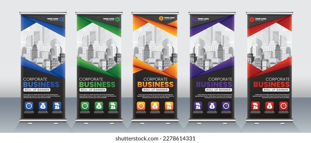 Roll up banner design for print ready for x banner x stand with red, blue, green, purple and orange eye catchy colors, presentations