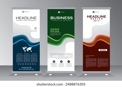 Roll up banner design, pull up banner template and advertisement, abstract background, vertical banner, business display banner, brochure, x-banner, Standee vector template, multi color
