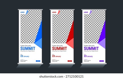 Enrolle el diseño de Anuncio rojo, azul y púrpura. La Cumbre de Seguridad Cibernética resume el Diseño de Anuncios. 