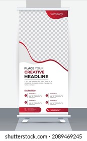 Roll Up Banner Design, Red Business Roll Up Stand Template with simple and creative banner mock up, Clean Roll Up Banner Layout Design