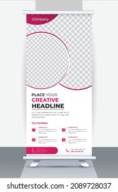 Roll Up Banner Design, Red Business Roll Up Stand Template with simple and creative banner mock up, Clean Roll Up Banner Layout Design