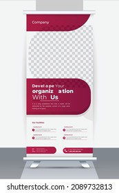 Roll Up Banner Design, Red Business Roll Up Stand Template with simple and creative banner mock up, Clean Concept Roll Up Banner Layout Design