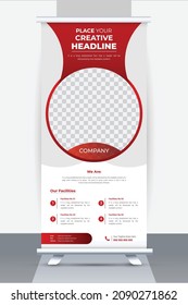 Roll Up Banner Design, Red Business Roll Up Stand Template with simple and creative banner mock up, Clean Roll Up Banner Layout Design