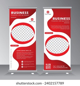 Roll up banner design with red color, vertical banner template design, business stand template with image space.vector eps 10,