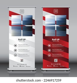 Roll up banner design with red and white color artwork patterns and images. Editable vertical template vector set, modern standee and flag banner