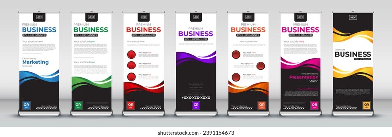 Roll up banner design set for event ,meetings, presentations,  annual meetings for standee, x banner and stand in red, blue, green, orange, pink, yellow and purple colors