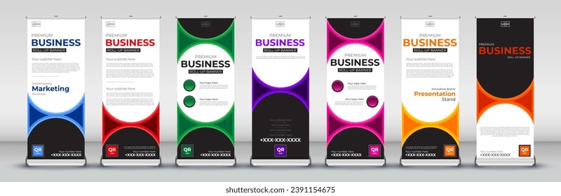 Roll up banner design set for event ,meetings, presentations,  annual meetings for standee, x banner and stand in red, blue, green, orange, pink, yellow and purple colors