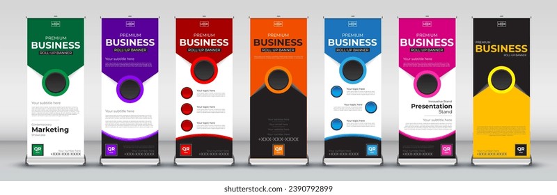enrollar conjunto de diseño de banner para la plantilla de publicidad de carteles estandar X banner para Street Business en rojo, verde, azul, amarillo, naranja, morado, naranja    