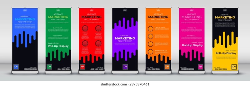 roll up Banner Design set for Street Business, events, presentations, meetings, annual events, exhibitions in red, green, blue, yellow, orange, purple, and pink