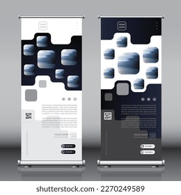 Roll up banner design with square shapes artwork square patterns and images. Editable vertical template vector set, modern standee and flag banner