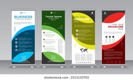 Faça o roll-up do modelo de design de banner definido para eventos de negócios, conferência anual, boas-vindas, reuniões, apresentações, marketing, promoções, com as cores azul, verde, amarelo e vermelho, imprima o banner vertical pronto.